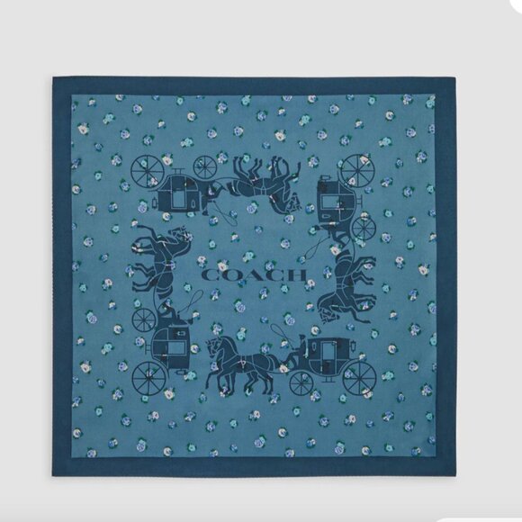 NWT - COACH Horse And Carriage Tea Rose Print Silk Bandana Scarf - Pacific Blue - Picture 2 of 2